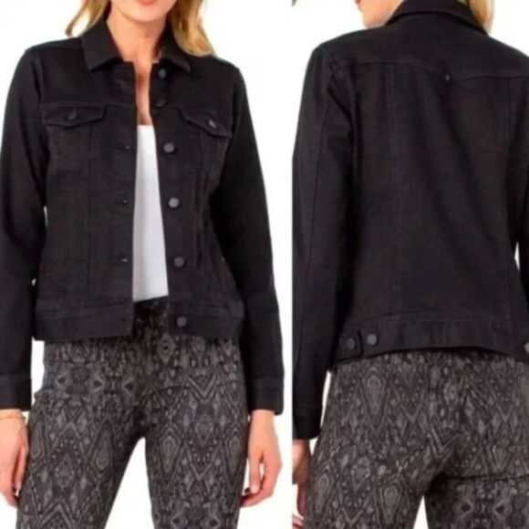 Stitch Fix Liverpool Kolten Denim Jacket Womens Medium Black Button Powerflex - Picture 1 of 11